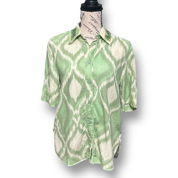 ZARA XS Green Cream Abstract Artsy Print Blouse Beaded Collar Boho Festival Y2K - Picture 2 of 11